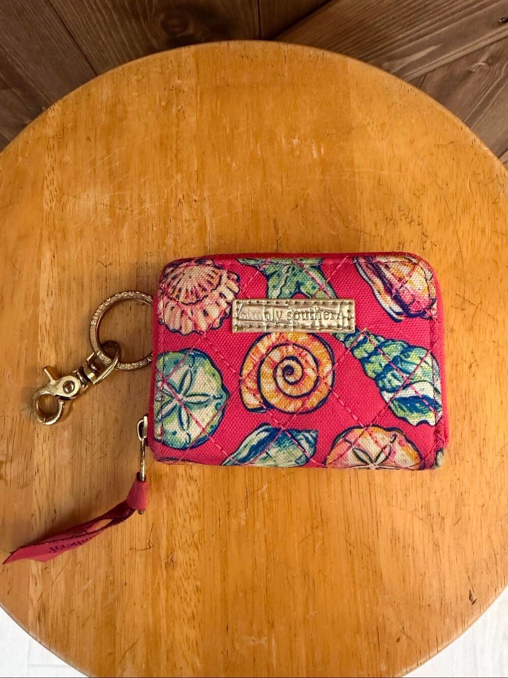 Simply Southern Pink Seashell Quilted Zip Wallet Keychain Coin Purse (9231)